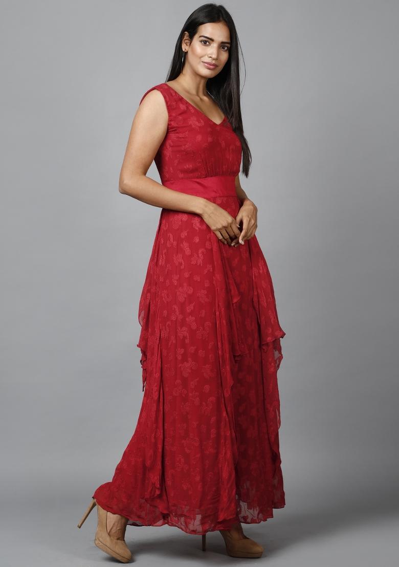 Red Floral Print Georgette Dress - Indya