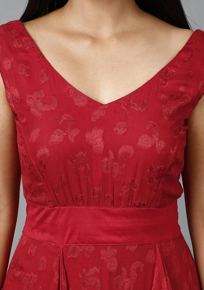 Red Floral Print Georgette Dress - Indya