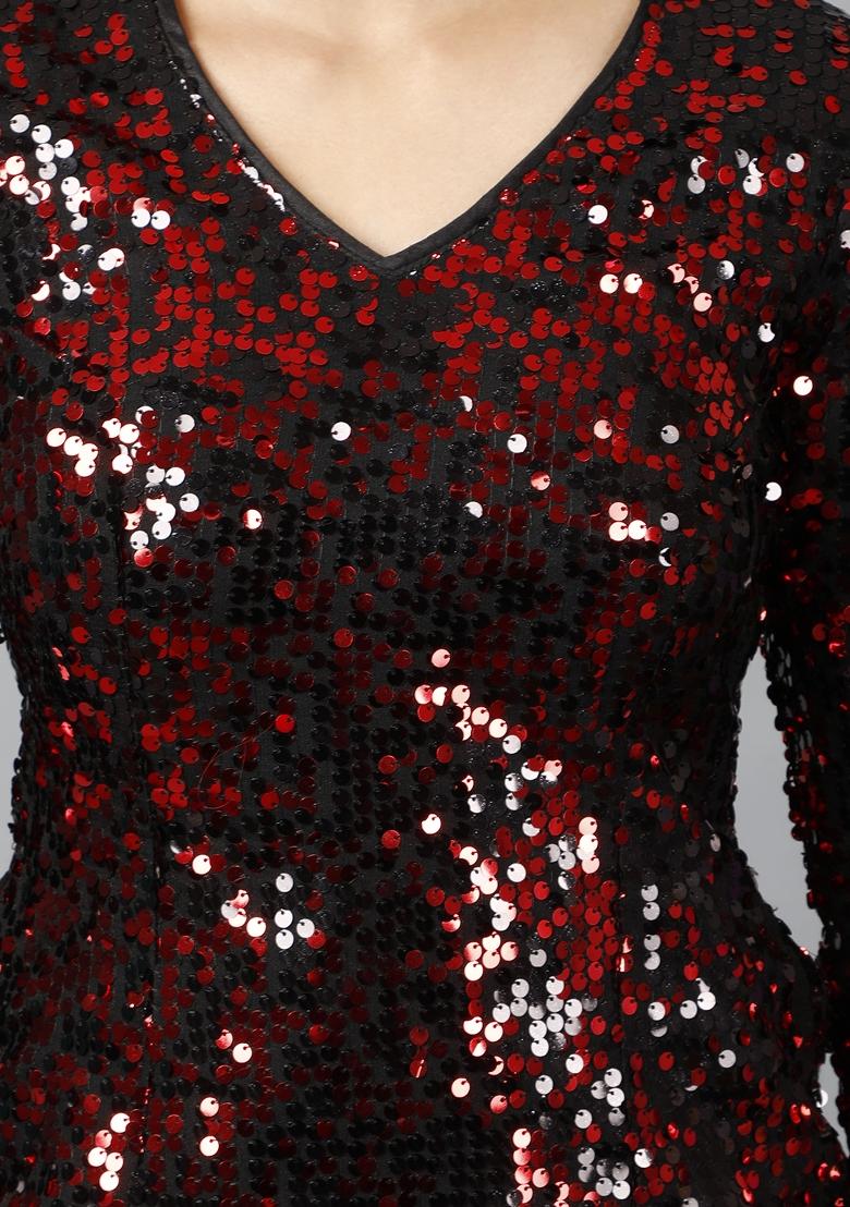 Red Sequin Work Dress - Indya