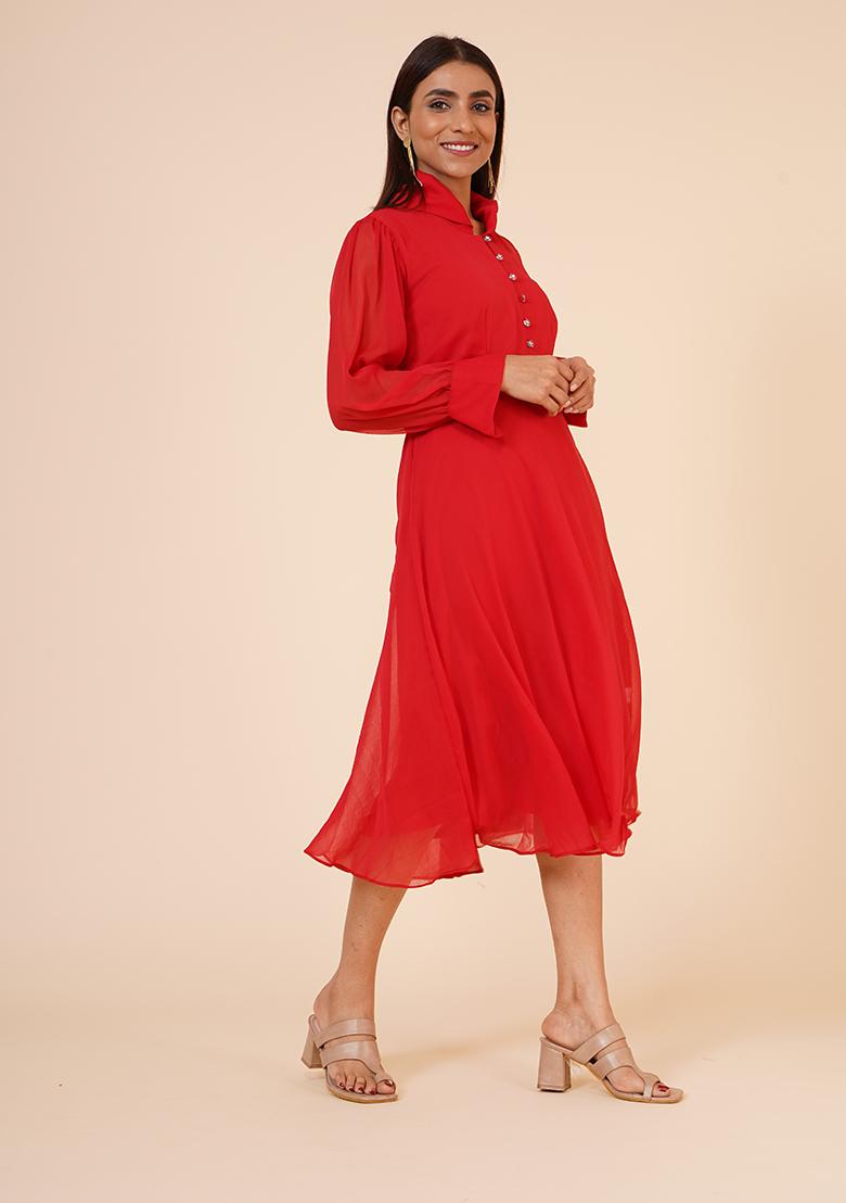 Red Chiffon Dress - Indya