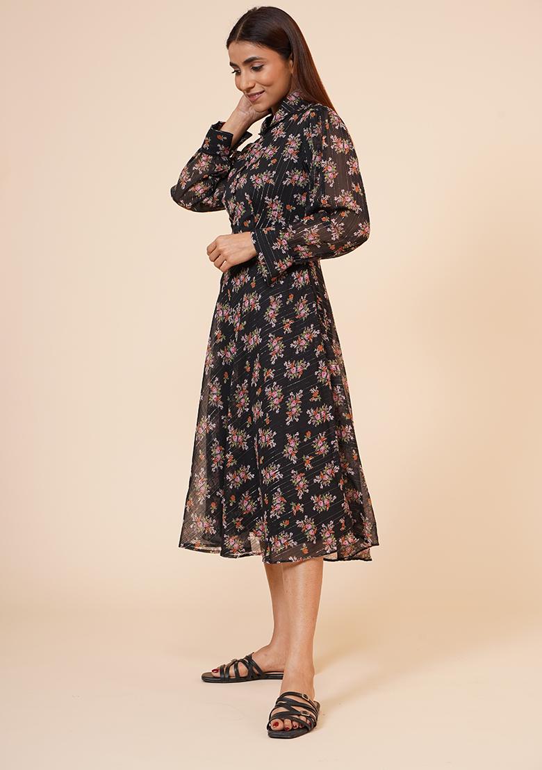Black Floral Print Chiffon Dress - Indya