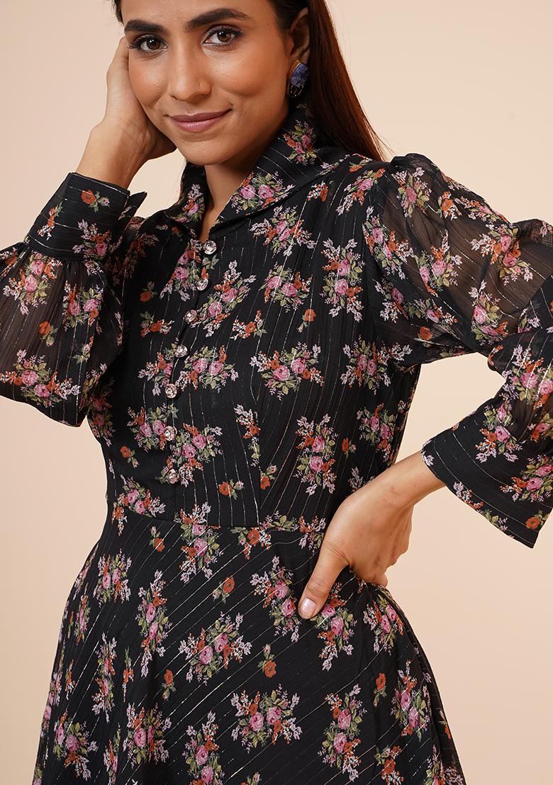Black Floral Print Chiffon Dress - Indya