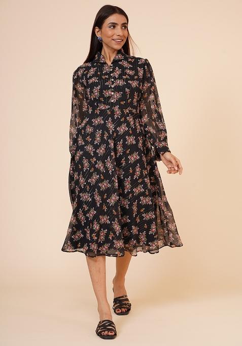 Black Floral Print Chiffon Dress