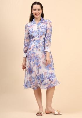 White Floral Print Chiffon Dress