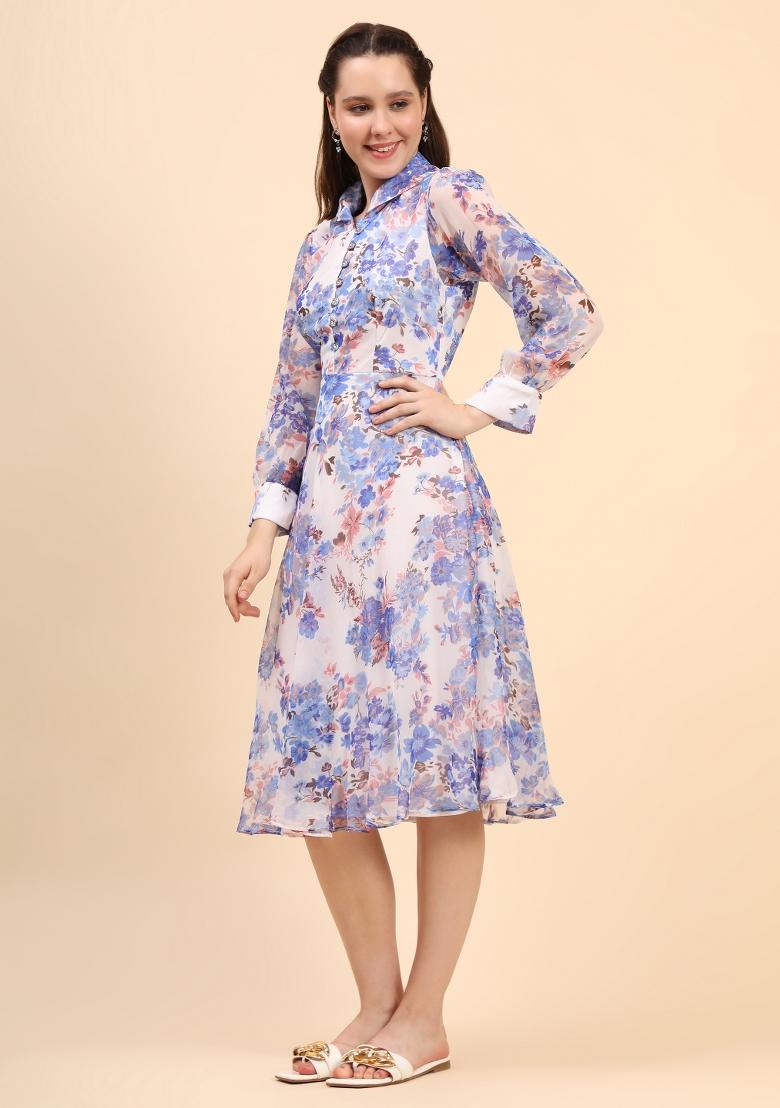 White Floral Print Chiffon Dress - Indya