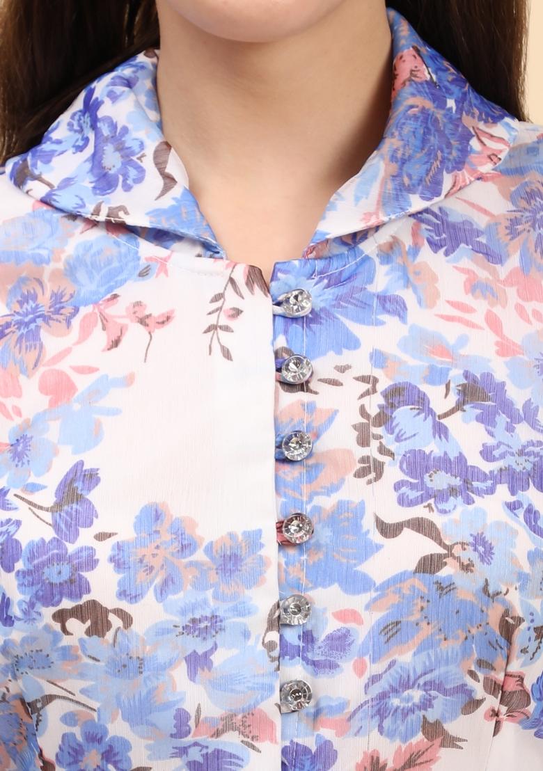 White Floral Print Chiffon Dress - Indya