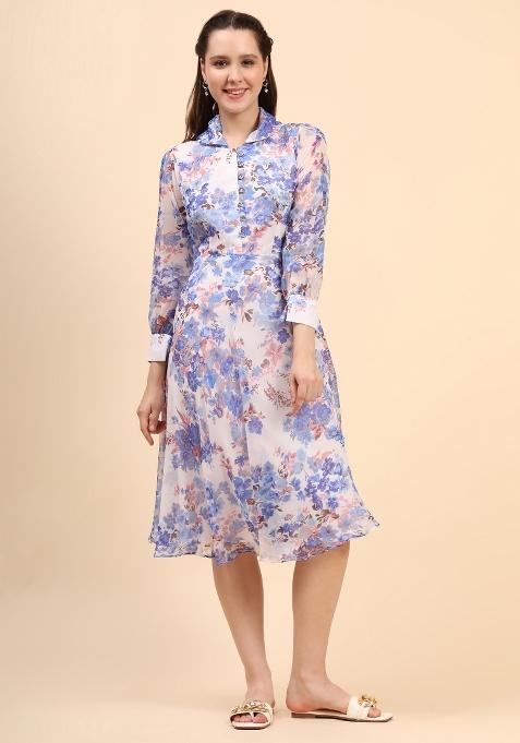 White Floral Print Chiffon Dress