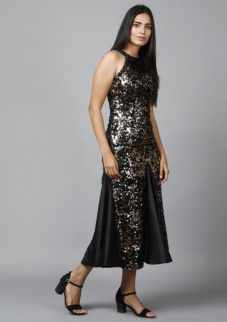 Golden Sequin Work Mermaid Dress - Indya