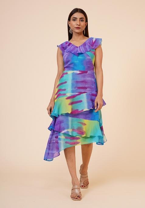 Lemon And White Printed Georgette Dress