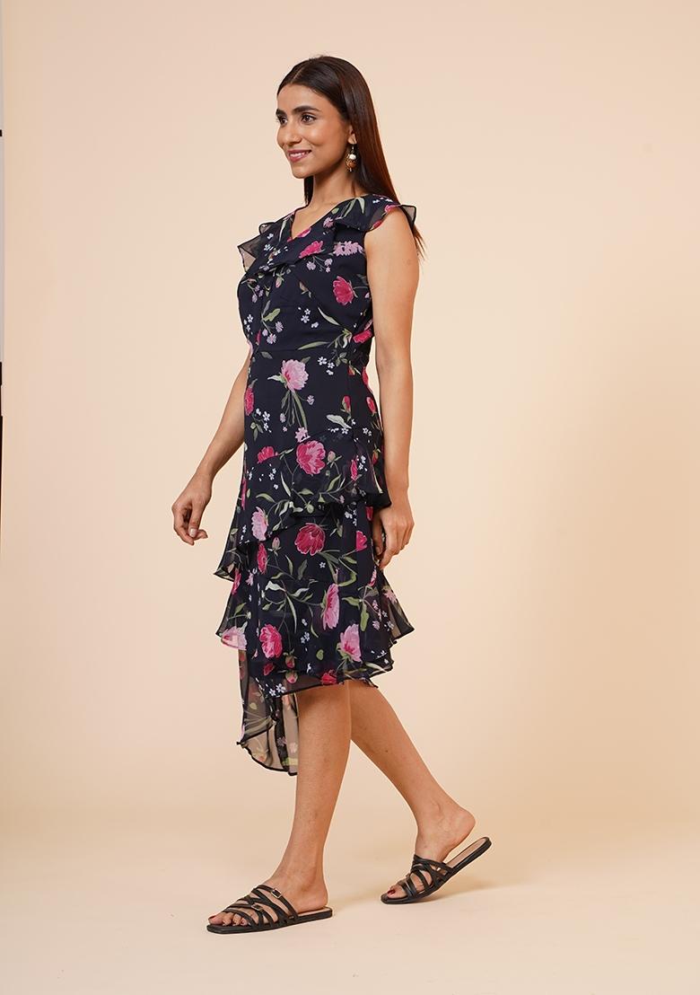 Black Floral Print Georgette Dress - Indya