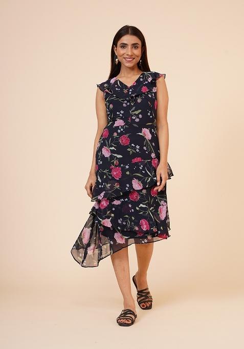 Black Floral Print Georgette Dress