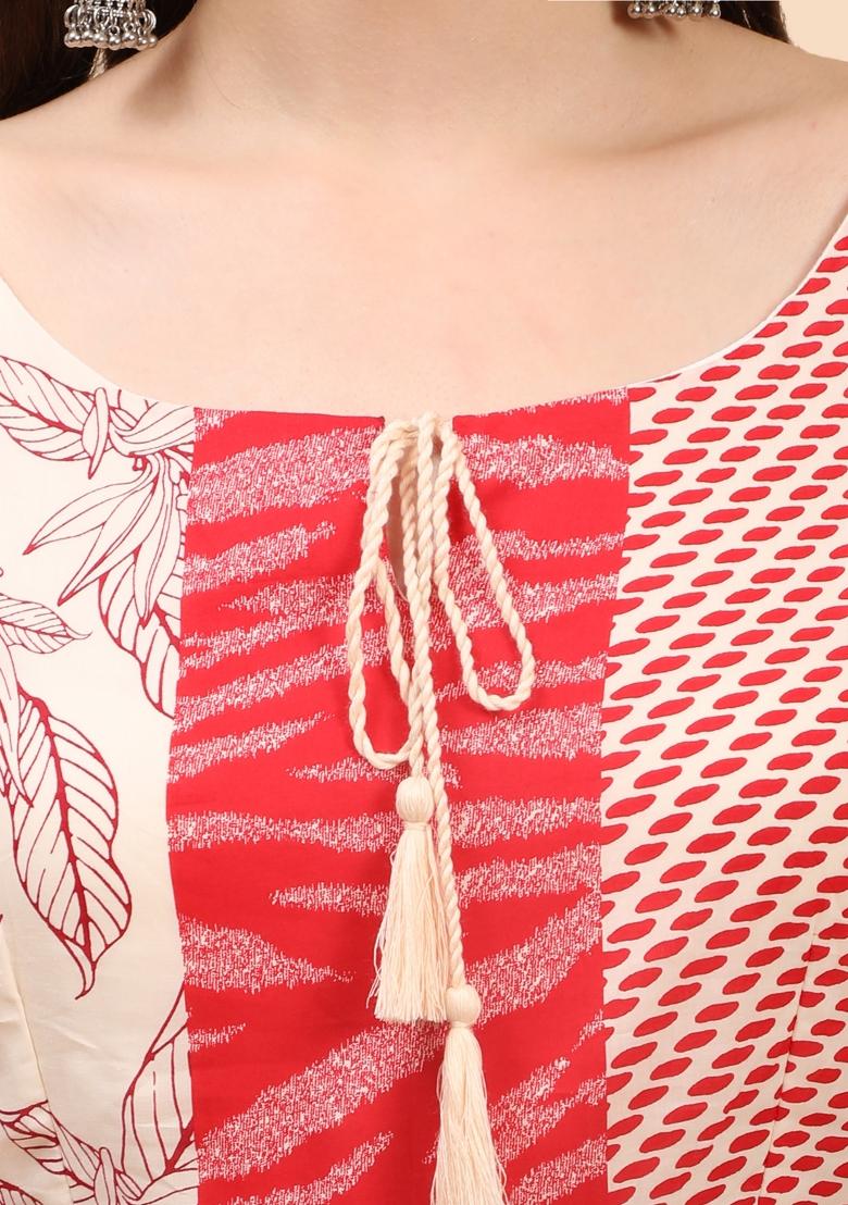 Red And Cream Printed Cambric Dress - Indya
