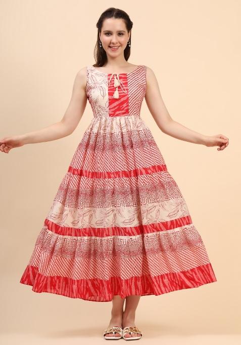 Red And Cream Printed Cambric Dress