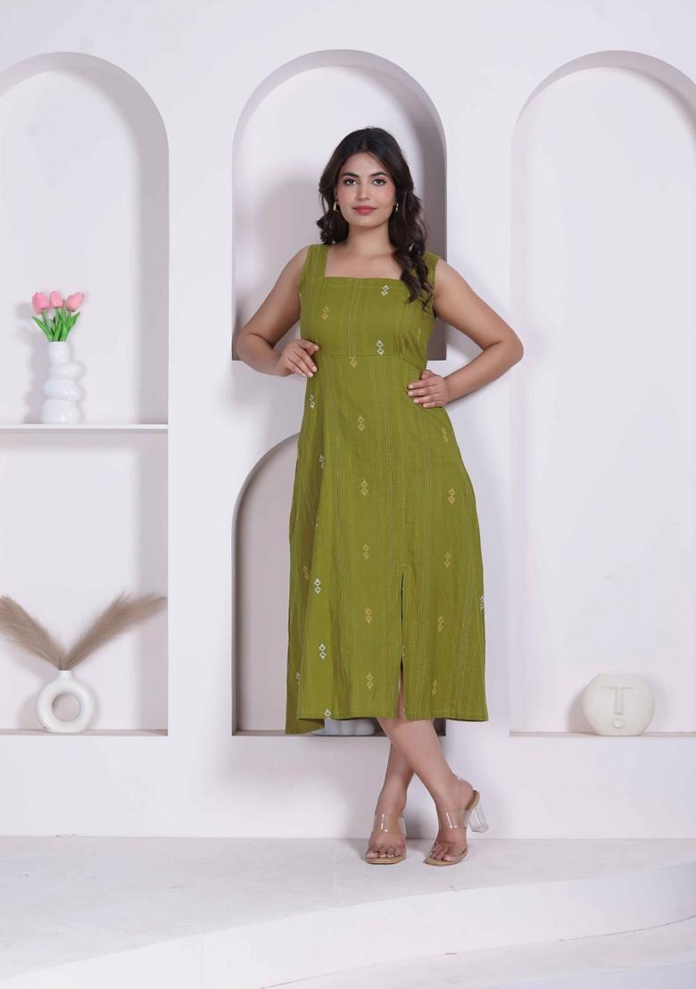 Green Abstract Print Cotton Dress - Indya