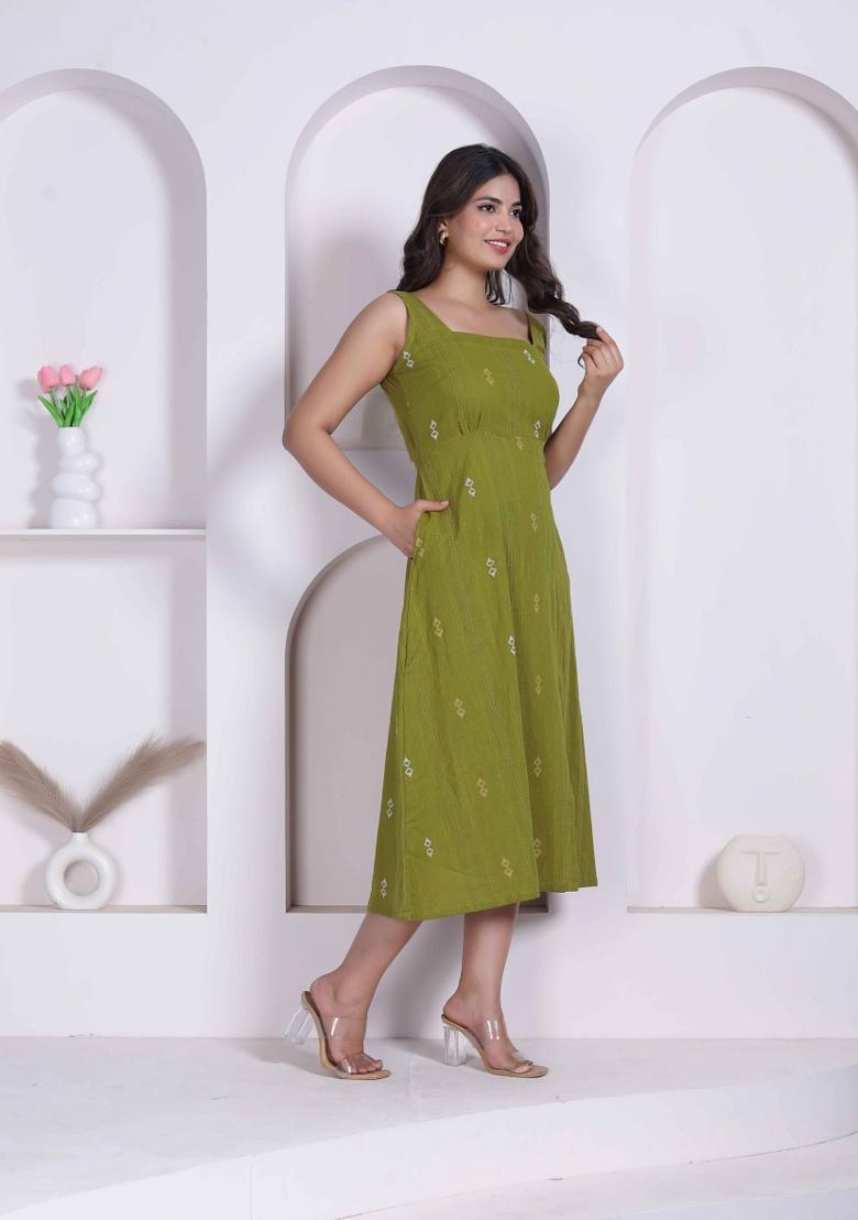 Green Abstract Print Cotton Dress - Indya