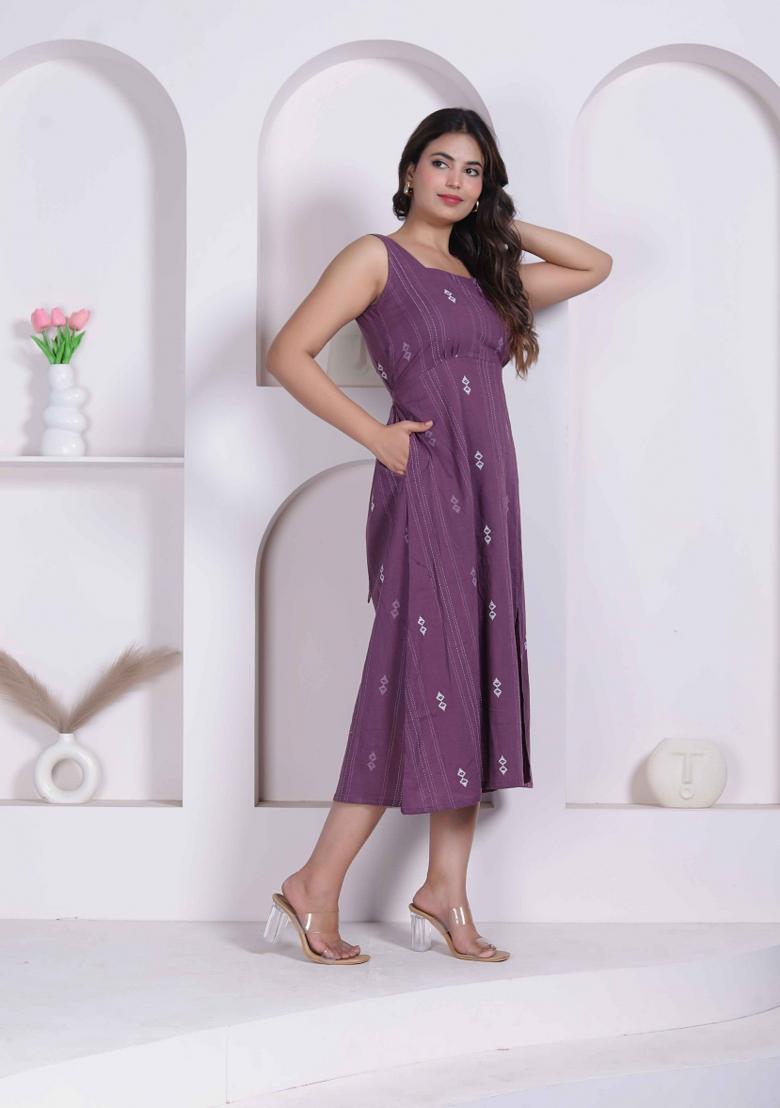 Wine Abstract Print Cotton Dress - Indya