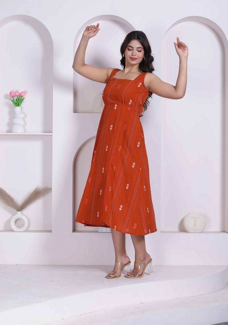 Rust Abstract Print Cotton Dress - Indya