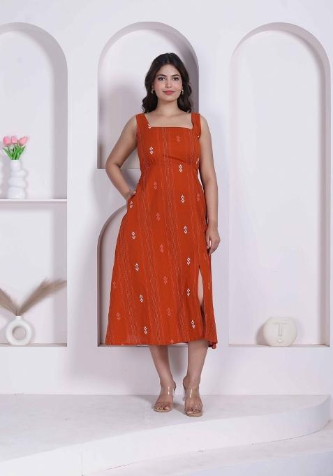 Rust Abstract Print Cotton Dress