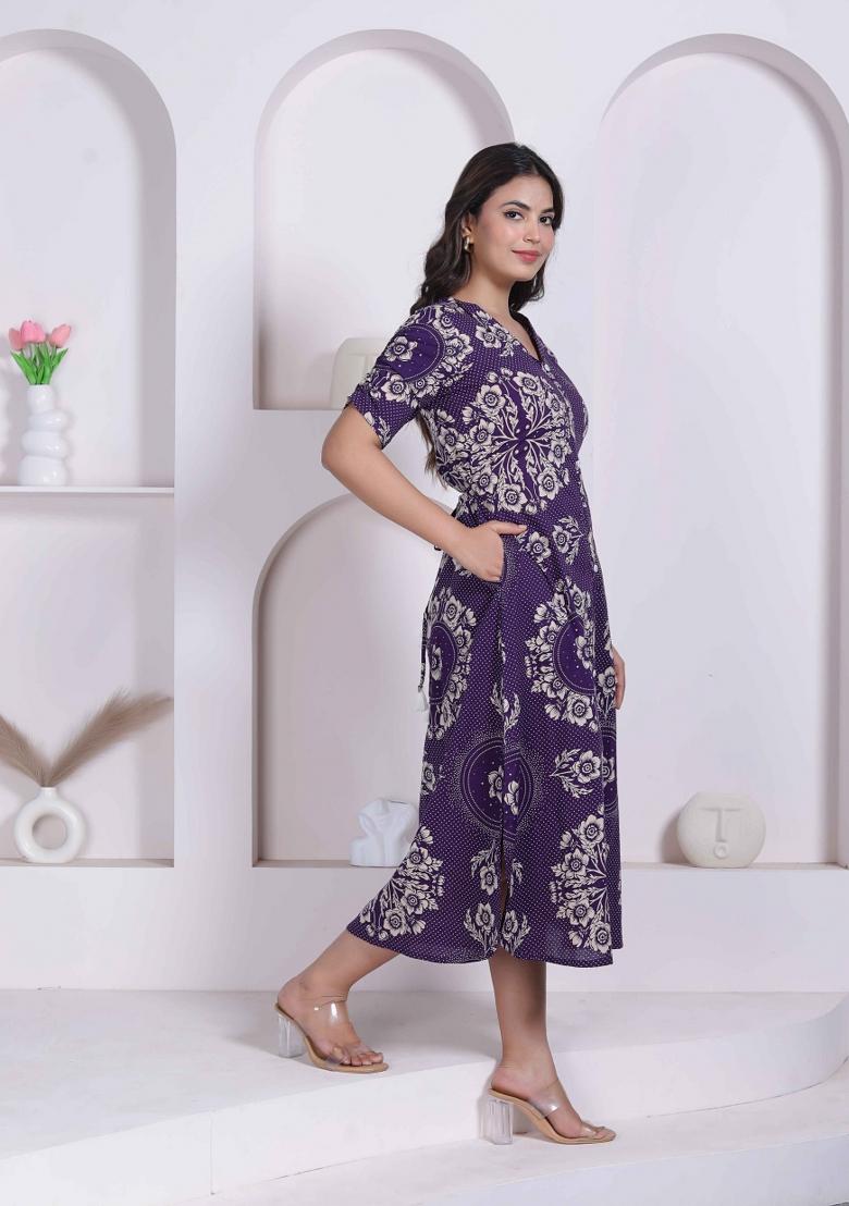 Purple Floral Print Cotton Dress - Indya