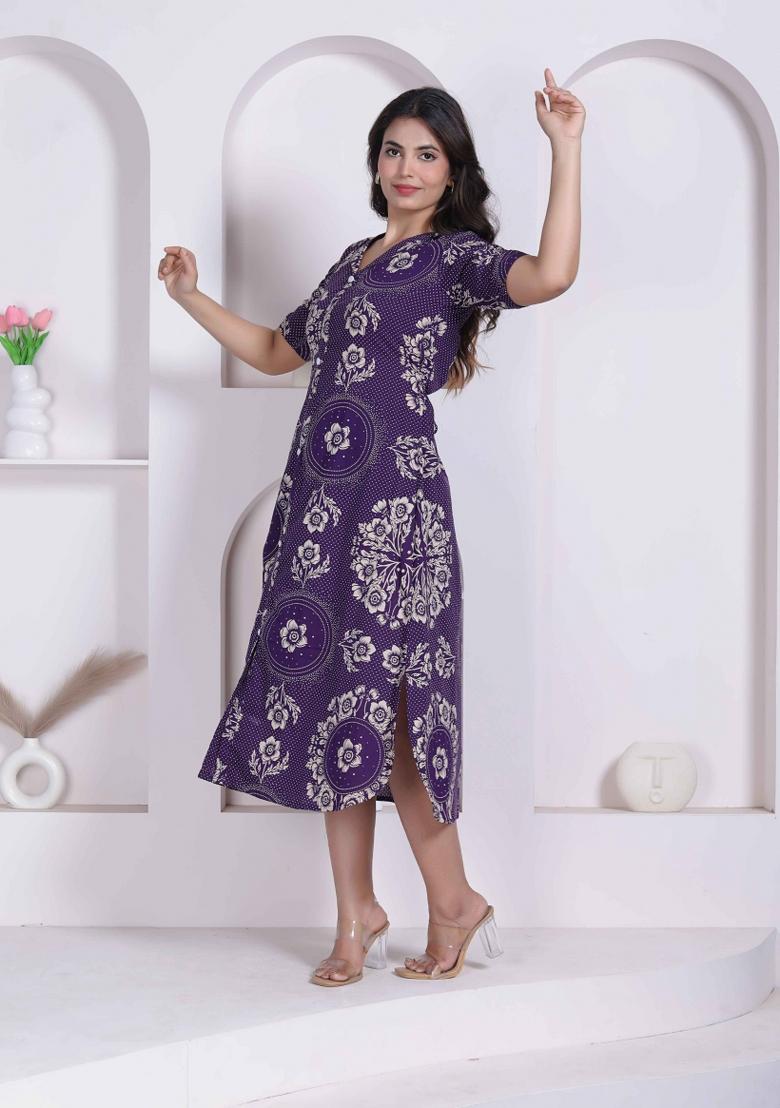 Purple Floral Print Cotton Dress - Indya