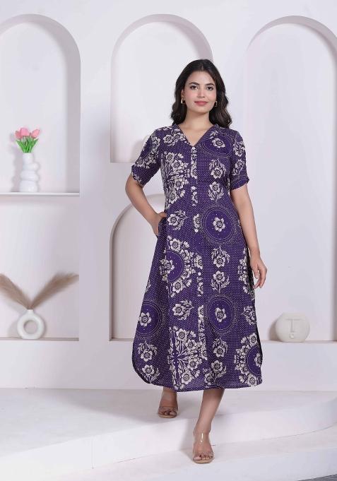 Purple Floral Print Cotton Dress