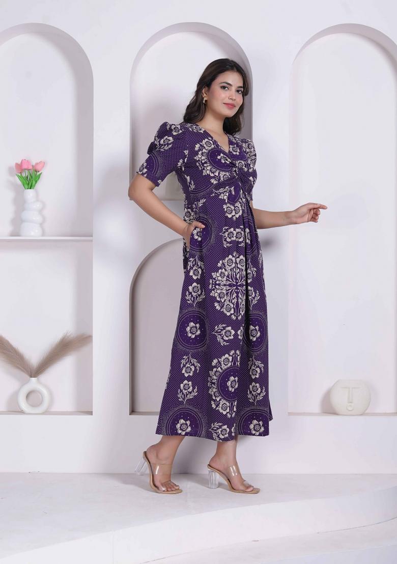 Purple Floral Print Cotton Dress - Indya