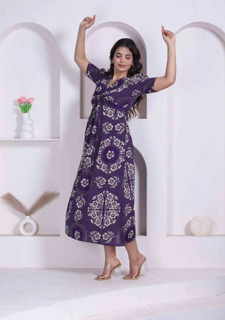 Purple Floral Print Cotton Dress - Indya