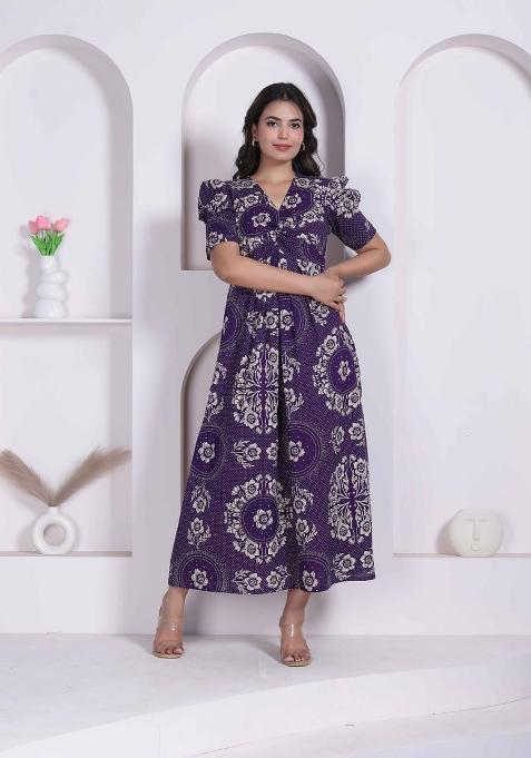 Purple Floral Print Cotton Dress