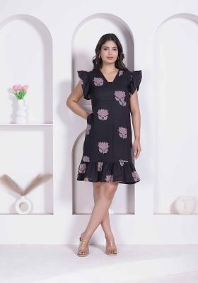Black Floral Print Cotton Dress
