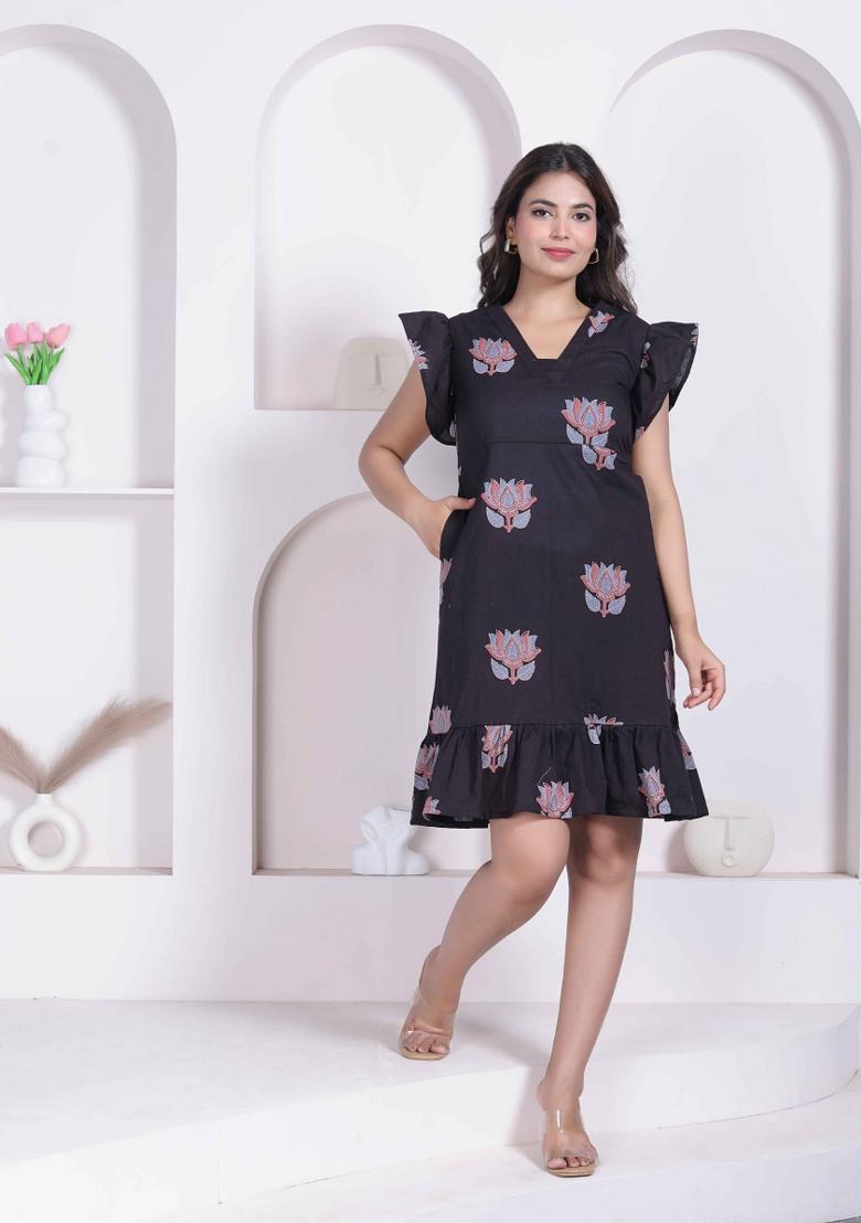 Black Floral Print Cotton Dress - Indya