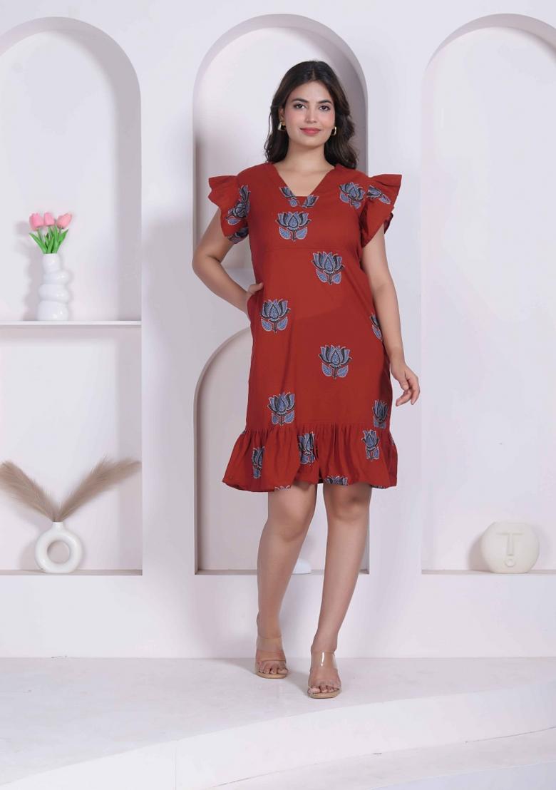 Rust Floral Print Cotton Dress - Indya
