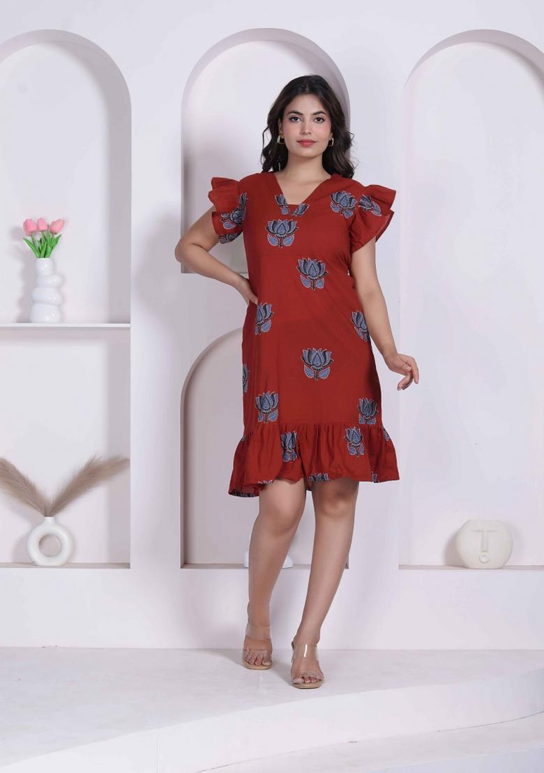 Rust Floral Print Cotton Dress - Indya
