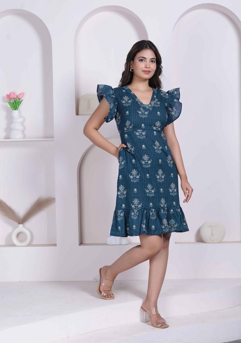 Blue Floral Print Cotton Dress - Indya