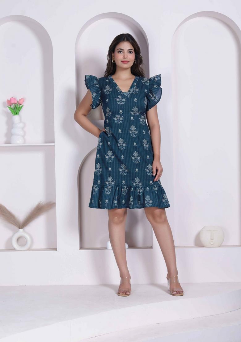 Blue Floral Print Cotton Dress - Indya
