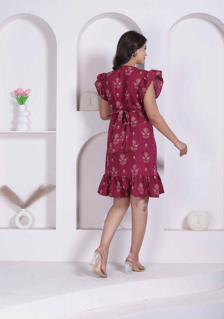 Maroon Floral Print Cotton Dress - Indya