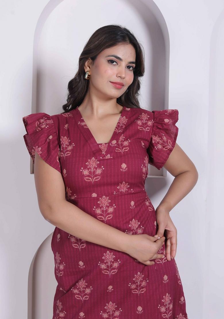 Maroon Floral Print Cotton Dress - Indya