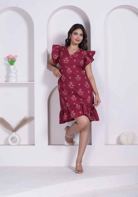 Maroon Floral Print Cotton Dress