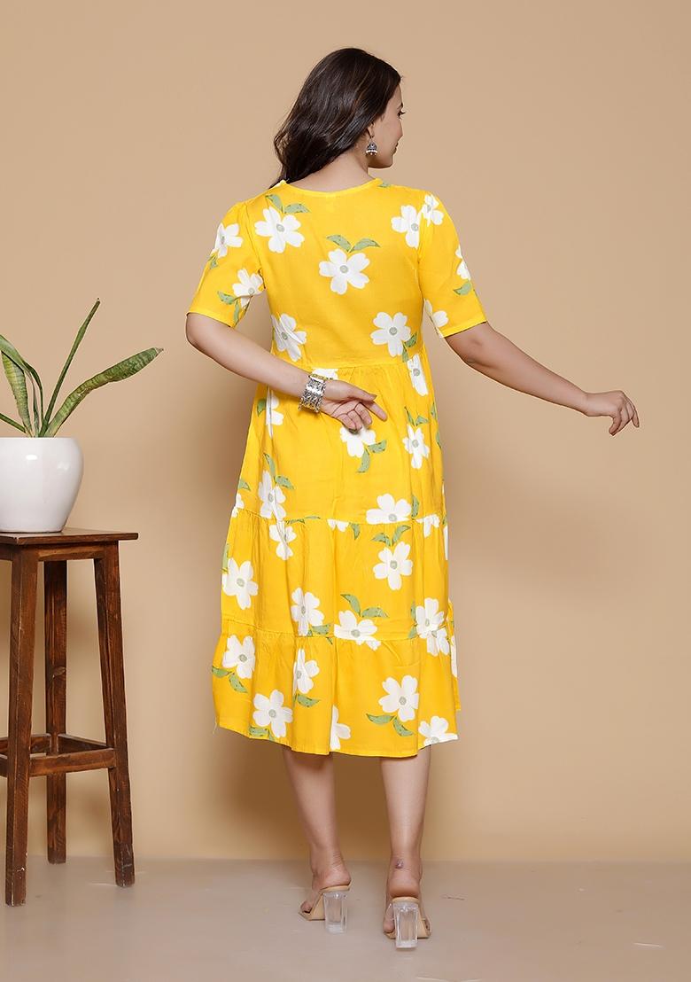 Yellow Floral Print Rayon Dress - Indya