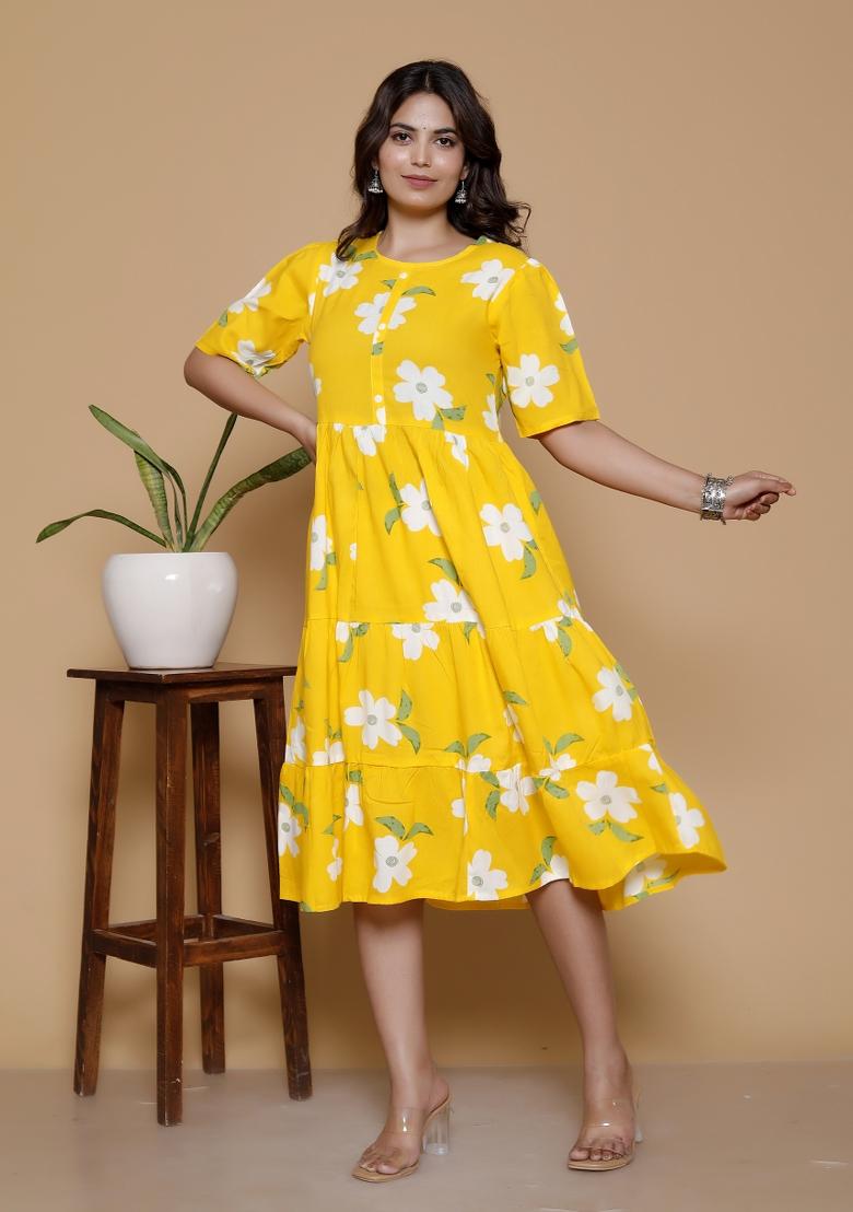 Yellow Floral Print Rayon Dress - Indya