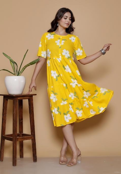 Yellow Floral Print Rayon Dress