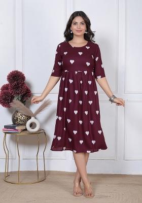 Maroon Printed Rayon Dress