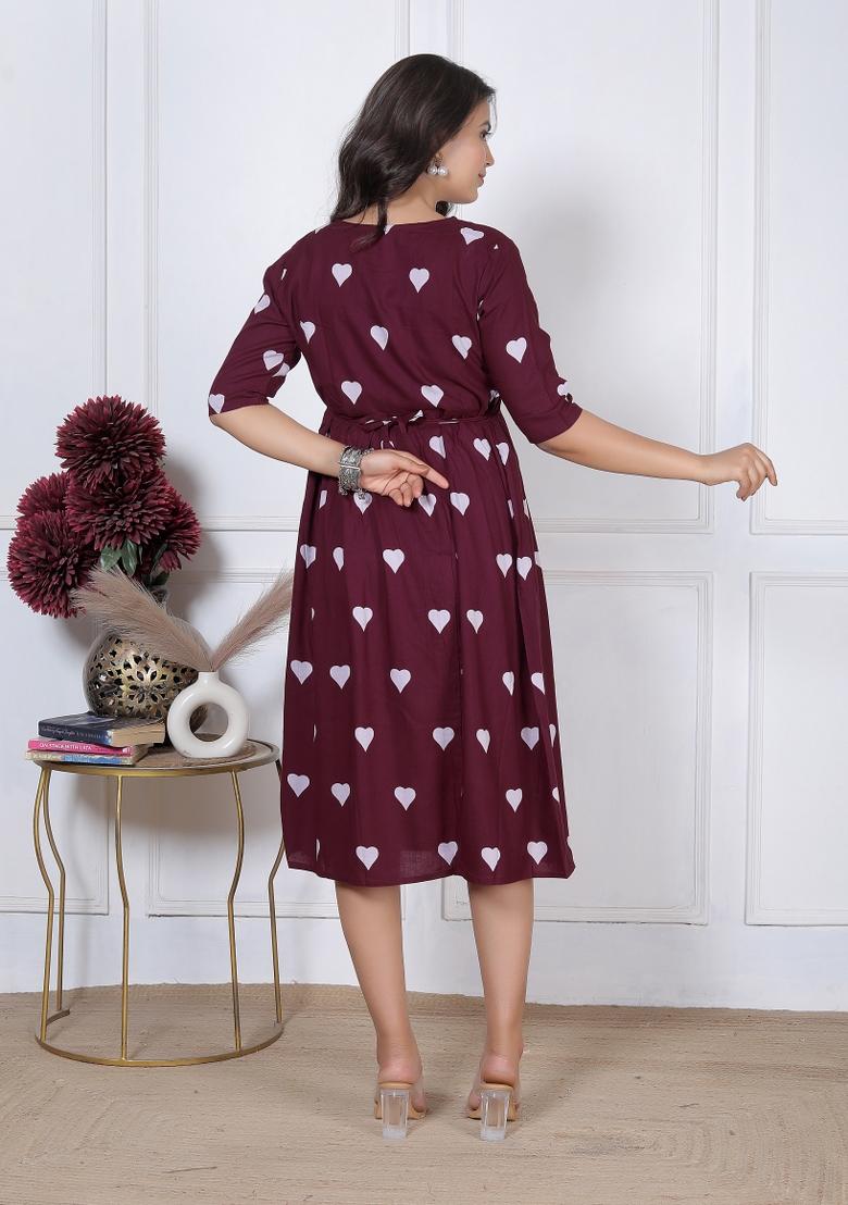 Maroon Printed Rayon Dress - Indya