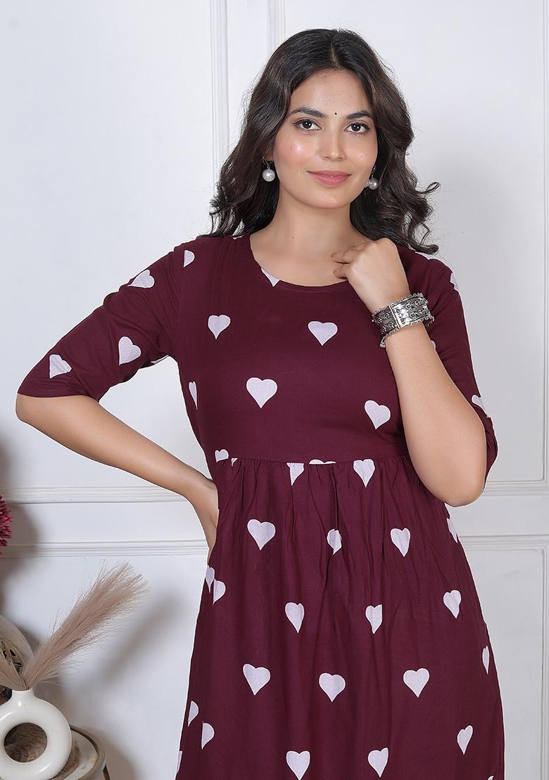 Maroon Printed Rayon Dress - Indya