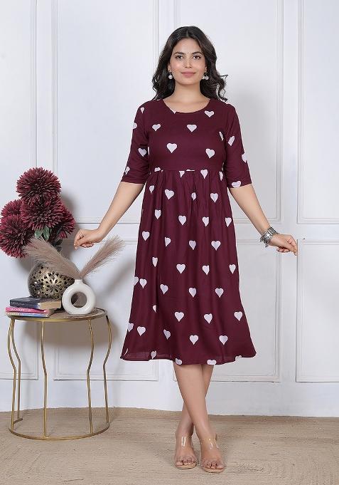 Maroon Printed Rayon Dress