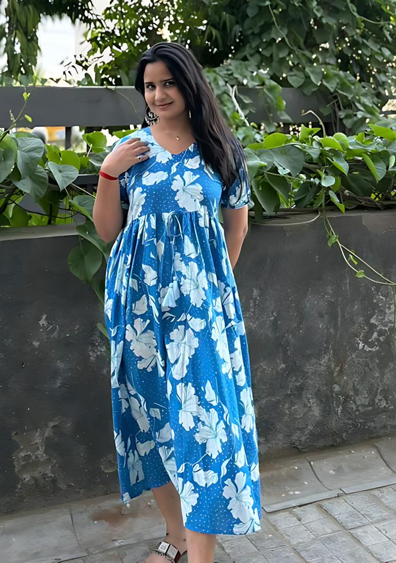 Aqua Printed Rayon Dress - Indya