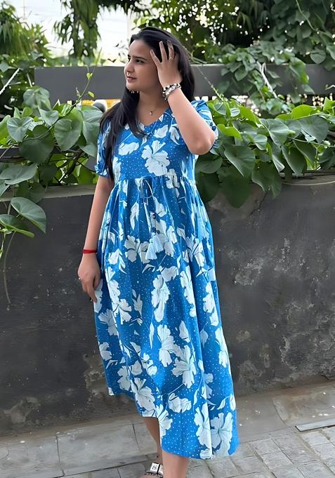 Aqua Printed Rayon Dress
