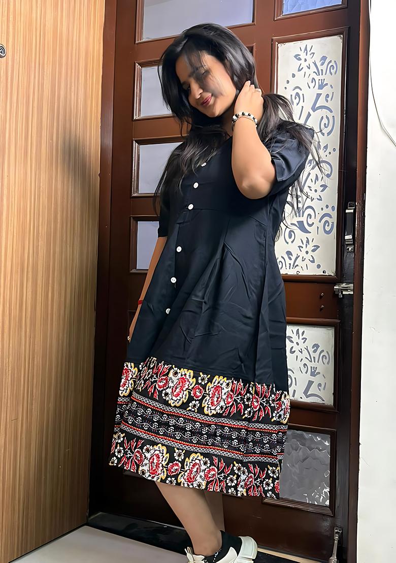 Black Printed Rayon Dress - Indya