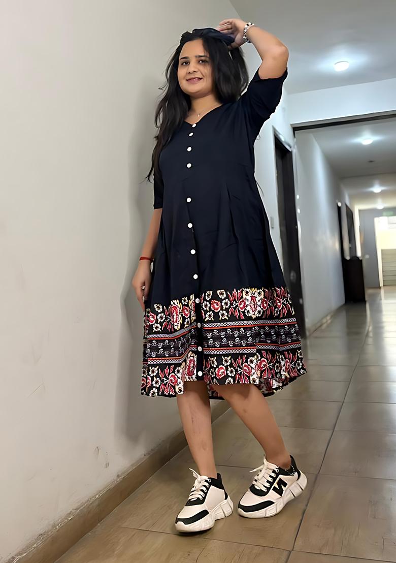 Black Printed Rayon Dress - Indya