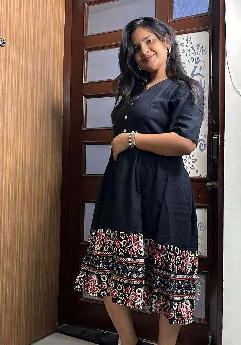 Black Printed Rayon Dress