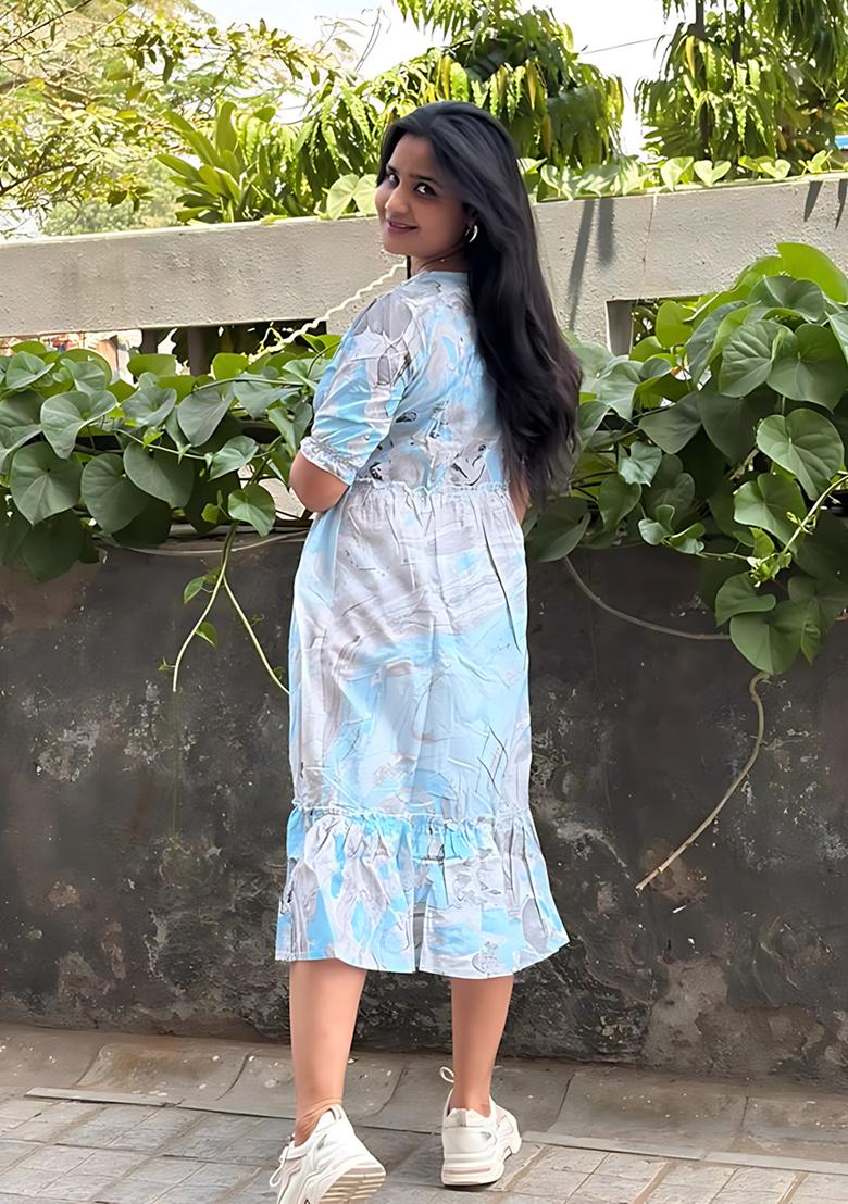Aqua Printed Rayon Dress - Indya